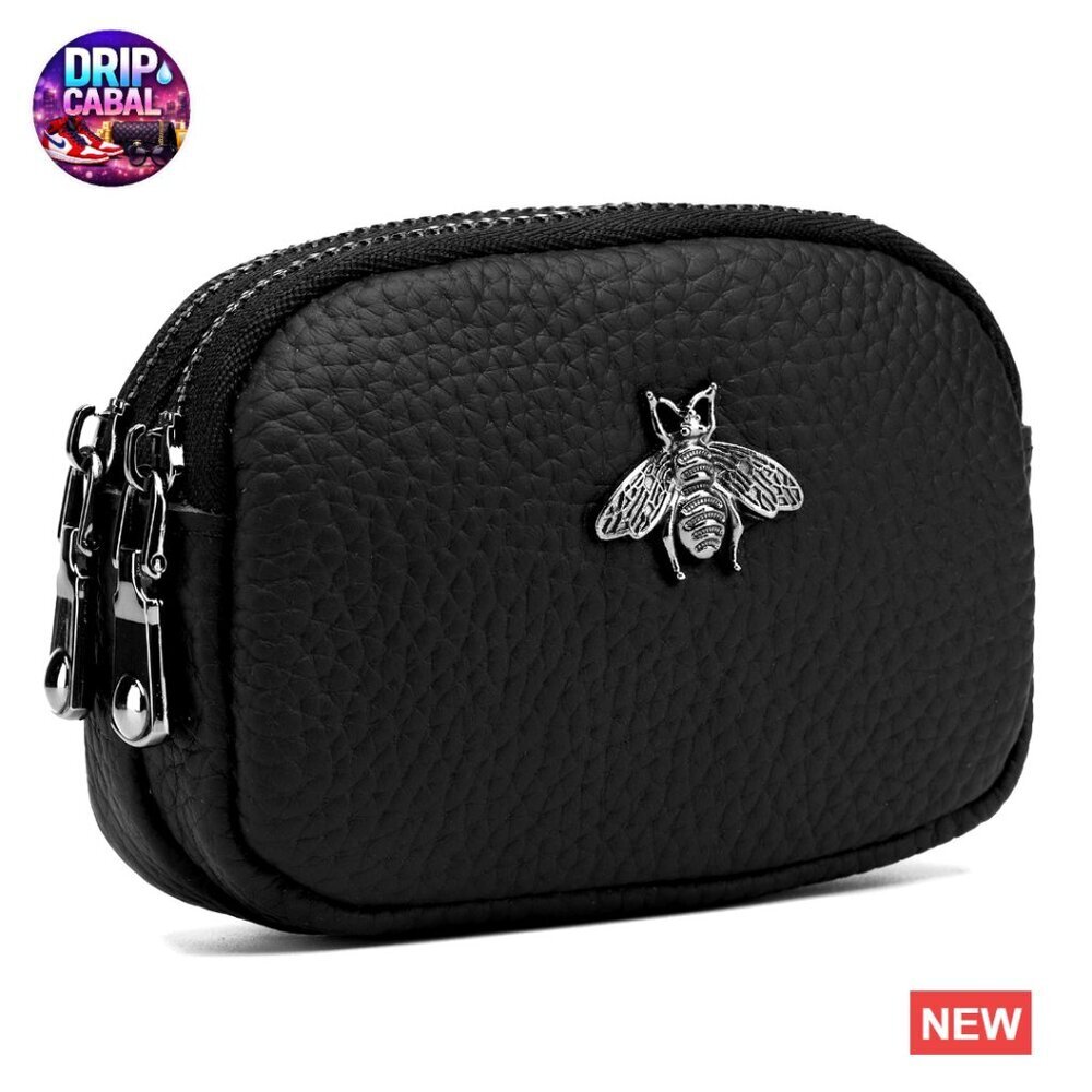 Leather Coin Purse Small Zippered Change Pouch Wallet Bee Decoration